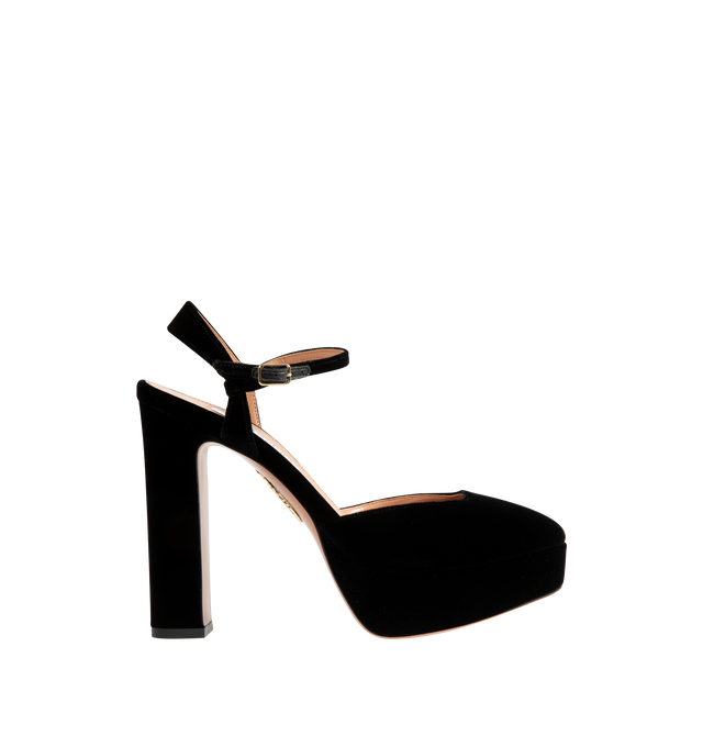 Image 1 of 4 - BLACK - Aquazzura Women's Amira 110 Suede Platform Pumps are crafted from smooth suede and feature a minimalist silhouette with an almond-shaped toe and open back. Designed with a secure ankle strap, these designer pumps are set on a 110mm heel balanced by a platform for added height and stability. Upper: Suede Leather. Insole: Leather. Sole: Leather. Heel Height: 110 mm / 4.3 in. Details: Platform, Ankle Strap, Open Back. Made in Italy.