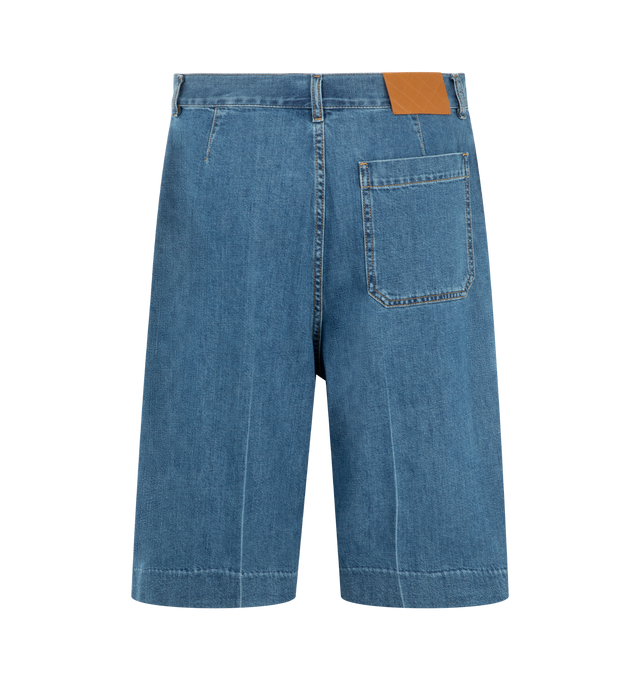 Image 2 of 3 - BLUE - Bottega Veneta Mens Wide-Leg Denim Shorts are crafted from lightweight washed denim. Feature a wide-leg silhouette, button closure, and embossed Intrecciato leather back patch. Main Material: Denim; Leather Trim: Intrecciato Leather. Made in Italy.