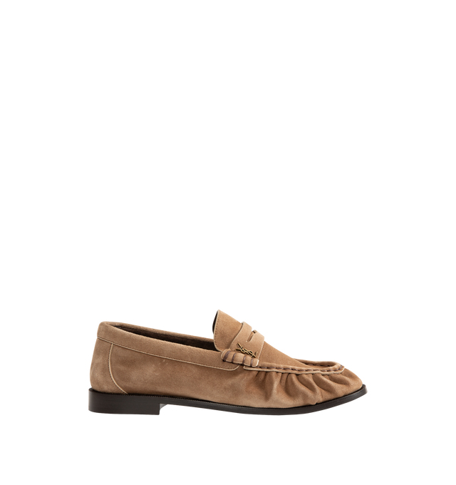 Image 1 of 4 - BROWN - Saint Laurent supple calfskin penny loafers decorated with the CASSANDRE in gold-tone metal, featuring a hand-stitched moc toe, leather sole and 1.5cm heel height.Made in ITALY.