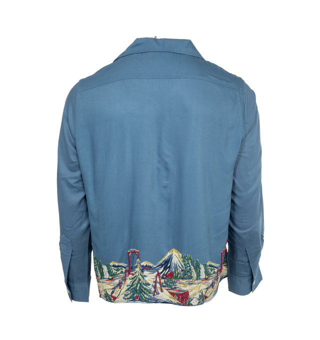 Image 2 of 4 - BLUE - BODE Ski Lift Shirt featuring open spread collar, button closure, printed graphics and beaded detailing at hem, single-button barrel cuffs and beaded logo at back hem. 100% rayon. Made in India. 