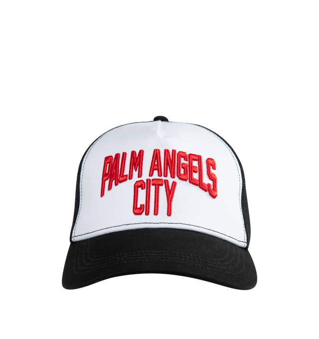 Image 1 of 2 - BLACK - PALM ANGELS PA City Cap featuring panelled trucker hat, embroidered logo to the front, embossed logo to the rear, mesh panelling, curved peak, round crown and adjustable strap to the rear. 60% cotton, 40% polyester. 