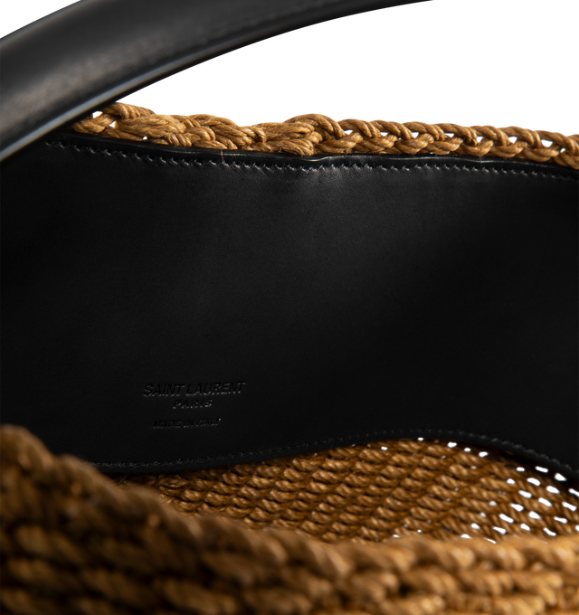 Image 3 of 3 - BROWN - SAINT LAURENT Le 37 Raffia Bucket bag made with rope and vegetable-tanned leather, featuring a cassandre hook closure, bronze-toned hardware, four metal feet, lined with certified linen, a removable zip pouch, top handle and adjustable and detachable strap. 7.9" x 9.8" x 6.3". Corde, calfskin, brass. Made in Italy.