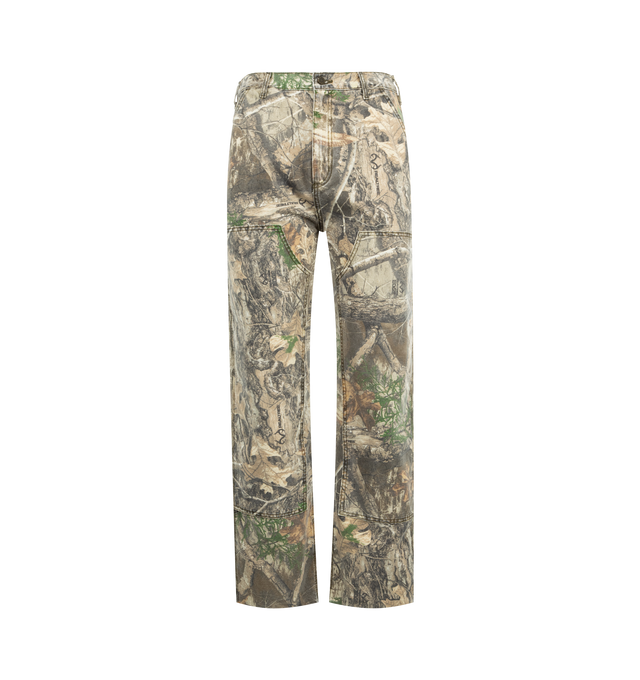 Image 1 of 3 - GREEN - ONE OF THESE DAYS Camo Double Knee Pants featuring straight-leg fit, realtree camo, zip-fly with button closure, reinforced belt loops, 5-pocket design, hammer loop and tool pockets, double-layered knee panels and leather horse patch on back pocket. 100% cotton.