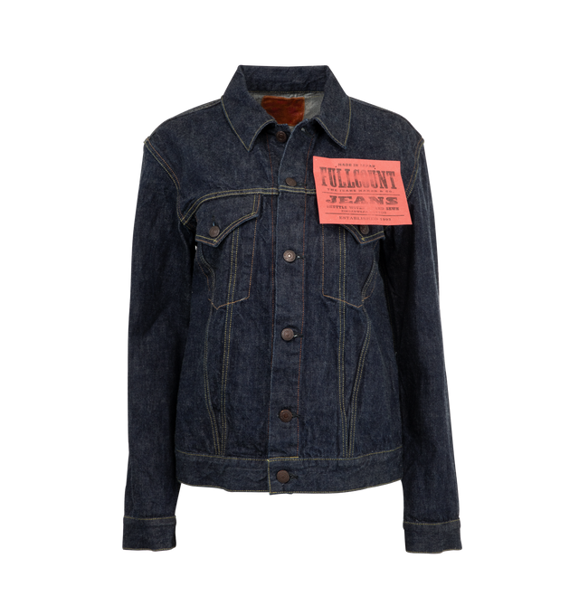 Image 1 of 2 - BLUE - FULLCOUNT Type 3 Denim Jacket featuring 13.7oz Original Selvedge Denim, Type 3 style yokes on the front, two shaped flap pockets on the chest and side adjustment straps and bar-tacked at stress points for durability. 100% cotton.