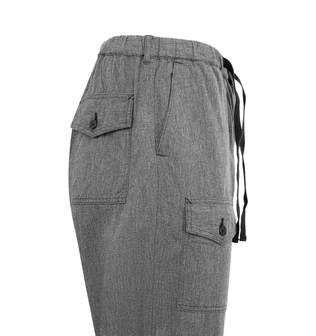 Image 3 of 3 - GREY - POST O'ALLS Town & Country Pants featuring an easy elastic waist with drawstring, relaxed silhouette, six pockets, including the series' signature three flap pockets and full length. 100% cotton. Made in Japan.