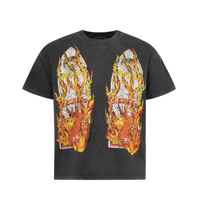 Image 1 of 2 - BLACK - WHO DECIDES WAR Rhinestone Flame Glass Jersey Tee featuring pull-on styling, short sleeves, crewneck, front and back graphic with rhinestone embellishments and midweight jersey. 100% cotton. Made in Turkey.