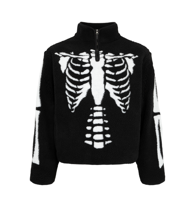 Image 1 of 3 - BLACK - The Men's Skeletal Quarter Zip Sherpa Pullover Jacket is constructed from 100% polyester sherpa with a coordinating polyester lining. The pullover silhouette features a quarter-zip closure and contrasting skeletal artwork across the body and sleeves. Material: 100% Polyester
