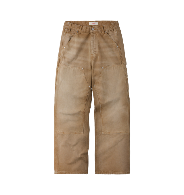 Image 1 of 8 - NEUTRAL - Cherry LA Wide Leg Double Knee Pants are crafted from durable cotton canvas and feature a wide-leg silhouette with reinforced double-knee construction. Designed with a vintage-washed finish and distressed detailing throughout, this workwear-inspired style is finished with branded nickel hardware and a signature logo label at the back pocket. Main Material: Cotton Canvas. Fit: Wide Leg. Made in Los Angeles, California.