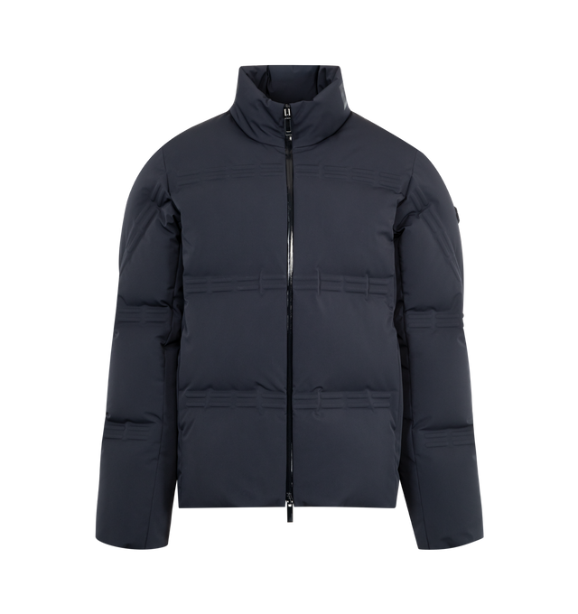 Image 1 of 3 - BLUE - Moncler x A$AP Rocky Rally Short Down Jacket featuring 2L 4-way stretch nylon, nylon laqu lining, down-filled, zipper closure, zipped pockets, elastic cuffs and logo patches. 87% polyamide/nylon, 13% elastane/spandex. Padding: 90% down, 10% feather.