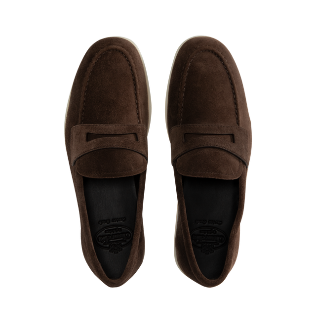 Image 4 of 4 - BROWN - CHURCH'S Portsmouth Suede Shoe featuring loafer with handmade apron-toe seam, suede upper, leather footbed, off-white rubber sole with Church's logo and Blake construction for enhanced flexibility. Made in Italy.