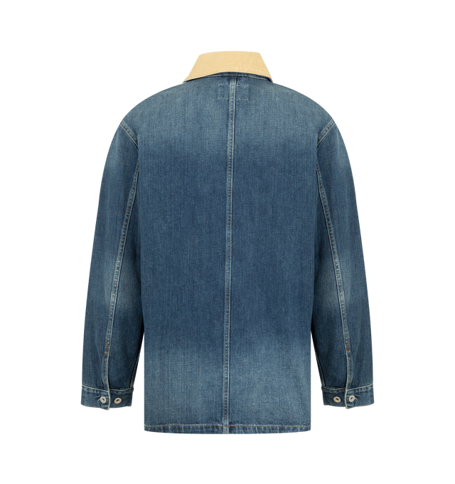 Image 2 of 3 - BLUE - CARHARTT WIP Warren Chore Coat featuring a utilitarian silhouette, unlined, heavyweight cotton denim, triple-stitched details, corduroy collar, four front pockets, one of which has a flap and button closure and woven Square Label on the chest. 100% cotton.
