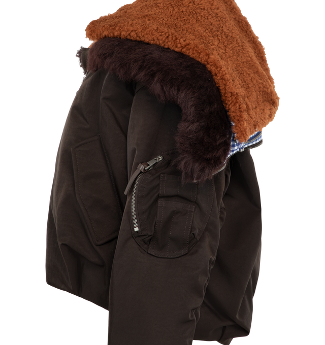 Image 3 of 3 - BROWN - Loewe Men's Double-Layer Technical Shell Jacket is crafted from lightweight technical polyamide and features a double-layer construction with dual hoods and a gingham-check backing. Designed in a relaxed fit with a regular length, it is finished with a split-zip hood with shearling lining and wired trim, a double-zip front closure, elasticated cuffs, a drawstring waist, and a utility sleeve pocket with a leather Puzzle puller. Snap welt pockets, interior jet pockets, and a full lining