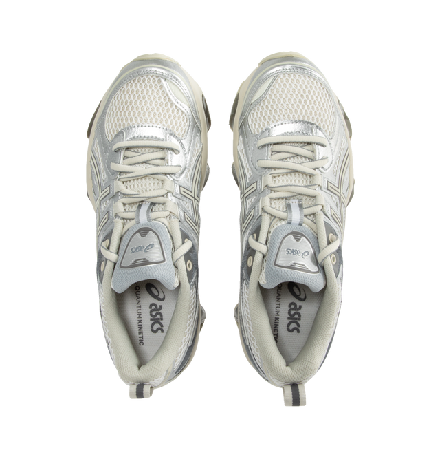 Image 5 of 5 - WHITE - ASICS GEL-QUANTUM KINETIC sneaker combines experimental engineering with functional details for everyday scenarios. Its performance capability is met with technical components to create a modern design thats built for urban exploration. ? Synthetic leathers and various mesh panels are layered throughout the upper to improve comfort. Midsole features Scutoid GEL technology that has a closely packed 3D geometry and an off-axis structure to improve shock absorption in daily scenarios, li