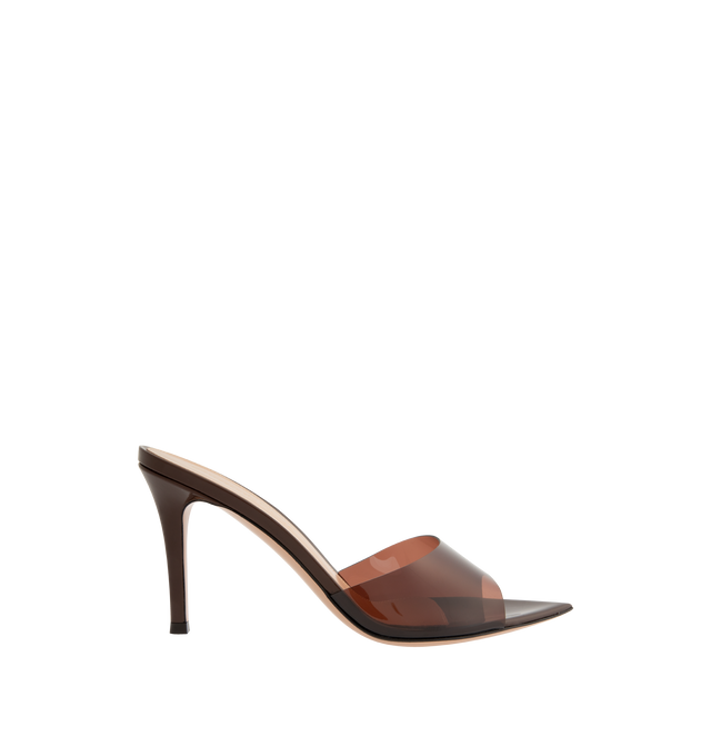 Image 1 of 4 - BROWN - GIANVITO ROSSI Elle 85 Heeled Sandals featuring open pointed toe, vinyl strap at vamp, logo printed at footbed, stiletto heel with rubber injection and polished leather sole. Heel: H3.25". Upper: thermoplastic polyurethane, leather. Sole: leather, rubber. Made in Italy.