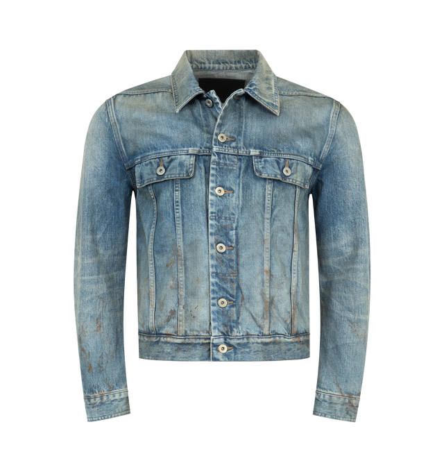Image 1 of 3 - BLUE - DRKSHDW Trucker Denim Jacket featuring fading, staining, whiskering throughout, spread collar, button closure, button flap pockets at chest, seam pockets at waist, adjustable button vent at cuffs and button tabs at back hem. 100% cotton. Made in Japan.