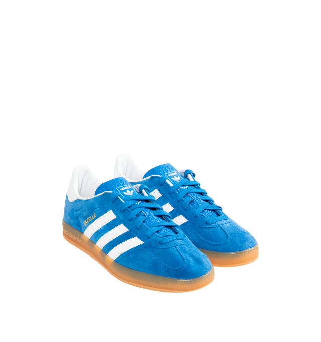 Image 2 of 5 - BLUE - Adidas Gazelle Indoor Sneakers are a lace-up style with suede uppers and gum outsoles. Textile linings. Unisex style in men's sizes.