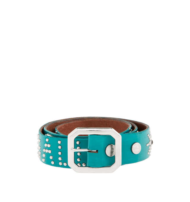 Image 1 of 3 - BLUE - GALLERY DEPT. Painted Studded Belt featuring distinctive peanut-shaped pattern, meticulously hand-placed studs, 'GALLERY DEPT.' studs across the length and hand-painted. With use, the paint will naturally chip and wear away. 100% leather. Made in USA.