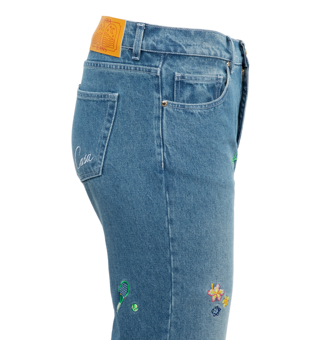 Image 3 of 5 - BLUE - CASABLANCA Stonewashed Embroidered Motif Jeans featuring icon embroidery throughout, mid rise, five-pocket style, full length and straight legs. 100% cotton. Made in Portugal. 