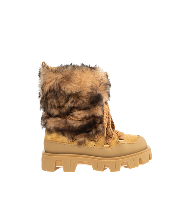 Image 1 of 4 - BROWN - MONCLER Peak Aprs Suede & Shearling Boots featuring long-haired lambskin and suede upper, mesh and neoprene insole, rubberized TPU sole with EVA filler and elastic drawstring and lace-up closure. Calf length 18 cm. Sole height 4.5 cm.