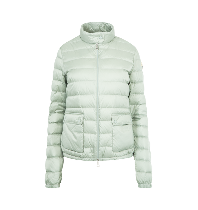 Image 1 of 3 - GREEN - MONCLER Lans Short Down Jacket featuring tech fabric with down fill, standup collar featuring snap buttons, zip-up closure, flap pockets and logo patch at sleeve. 100% polyamide/nylon. Padding: 90% down, 10% feather. Made in Armenia.