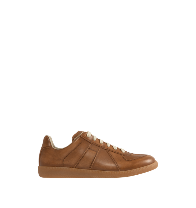 Image 1 of 5 - BROWN - MAISON MARGIELA Replica Sneaker featuring low-profile, rounded toe, lace up style, label with the "Replica" inscription on the tongue, smooth leather and rubber sole.