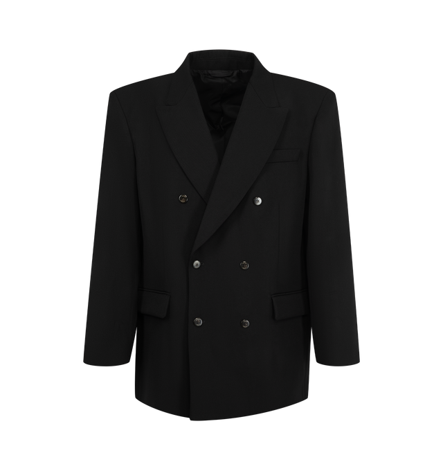 Image 1 of 2 - BLACK - Willy Chavarria Women's Manuela Blazer is tailored in a fitted silhouette and features structured roped shoulders, sharp peak lapels, and a double-breasted front closure. Designed to balance strong tailoring with a streamlined shape, this polished blazer is fully lined and finished with interior pockets and functional four-button cuffs for refined everyday wear. Main Material: 73% Virgin Wool, 27% Viscose. Lining: 100% Cupro. Fit: Fitted. Closure: Double-Breasted Button Front. Collar: