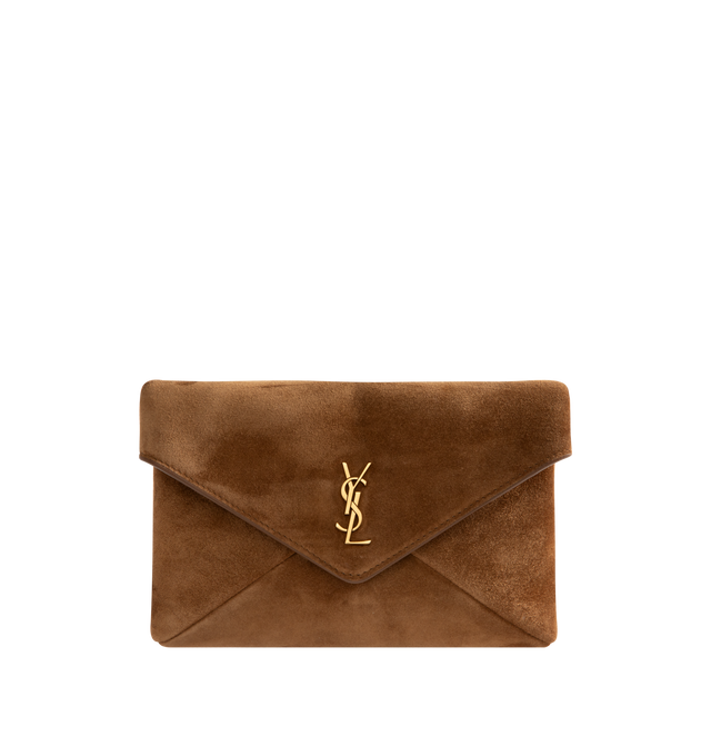 Image 1 of 3 - BROWN - Saint Laurent Womens Chain Pouch is crafted from suede calfskin. Features signature Cassandre logo, magnetic closure, stowable cable-chain shoulder strap, leather lining, one interior card slot, bronze-tone hardware, and dimensions: 19 13 4.5 cm (7.5 5.1 1.8 in) with a 47 cm (18.5 in) strap drop. Main Material: Calfskin Leather; Lining: Leather; Hardware: Brass. Made in Italy.