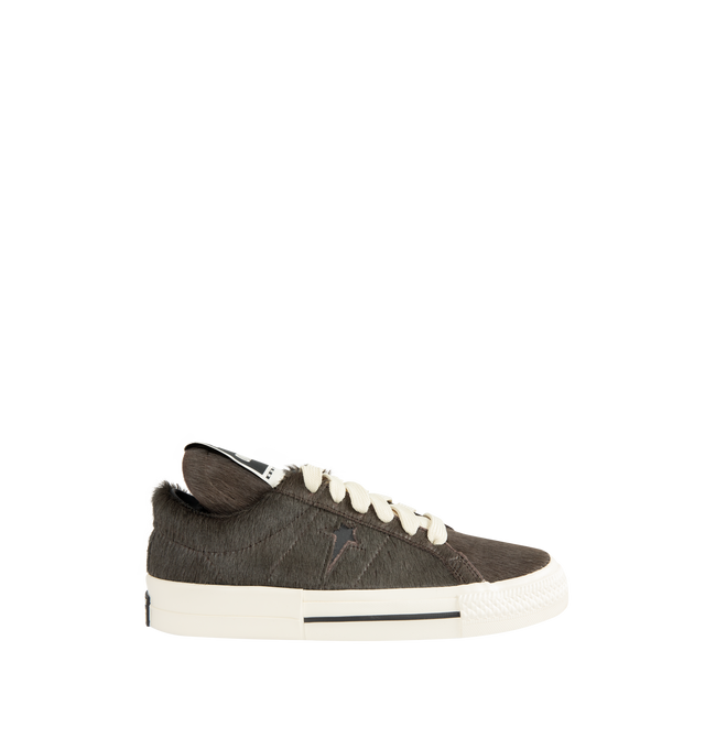 Image 1 of 5 - BLACK - DRKSHDW X CONVERSE Calf Hair Low-Top Sneakers featuring an extra-textured hair-on-hide leather upper with exaggerated width proportions, flat heel, round toe, lace-up vamp, signature DRKSHDW elongated tongue with woven label, custom DRKSHDW Star logo on the side, skateboard One-Star Converse sole, DRKSHDW license plate with pentagram collab logo on the left heel, Converse All-Star logo on the right heel and CX foam cushioned internal midsole.