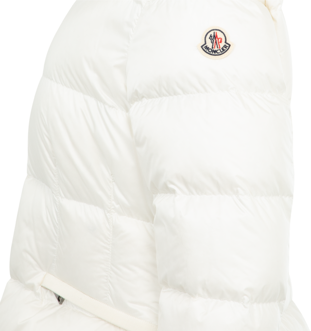 Image 3 of 3 - WHITE - MONCLER Boed Jacket featuring longue saison lining, down-filled, hood with a detachable long-haired sheepskin trim, zipper closure, zipped pockets and elastic belt with snap button closure. 100% polyamide/nylon. Padding: 90% down, 10% feather.