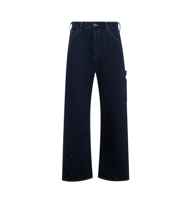 Image 1 of 3 - BLUE - NEEDLES Painter Pant featuring 13oz denim jacquard, button closure with zip fly, slash pockets on side, patch pockets on back, patch pocket on right and hammer lock on left, belt loops, all-over artwork and relaxed fit. 100% cotton.