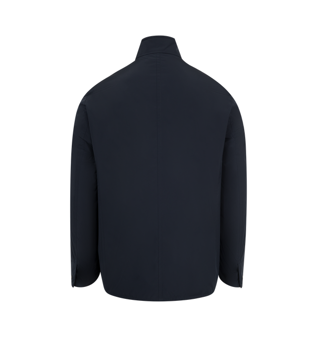 Image 3 of 4 - NAVY - Moncler Monges Jacket has a band collar, a snap button front closure, snap button cuffs, front patch pockets, and a chest patch pocket. 90% down, 10% feathers. 100% polyester.
