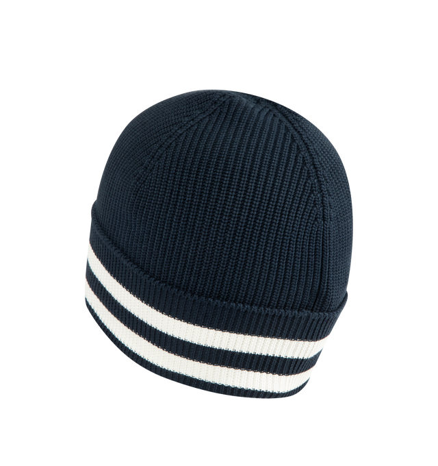 Image 2 of 2 - BLUE - MONCLER Stripe Beanie featuring ultra-fine wool, stocking-stitch, Gauge 7 and stripe trim. 100% virgin wool.