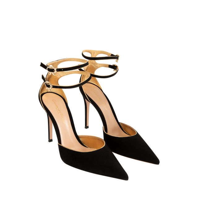 Image 2 of 4 - BLACK - GIANVITO ROSSI Camoscio Nappa Silk Pumps featuring gold-tone piping and hardware, stiletto heel, double buckle ankle strap, pointed toe and leather sole with rubber heel cap. Upper: suede. Lining: leather. Made in Italy.