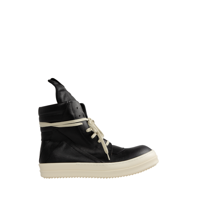 Image 1 of 5 - BLACK - Rick Owens Geobasket Sneakers featuring high-top, LWG-certified grained calfskin, perforated detailing at toe, lace-up closure, pull-loop at extended padded tongue, quilted padded collar, zip closure at inner side, buffed calfskin lining and treaded rubber sole. Upper: calfskin. Sole: rubber. Made in Italy.