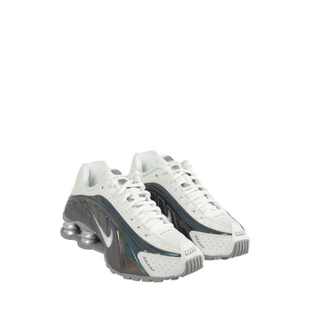 Image 2 of 5 - MULTI - NIKE Shox R4 Sneaker featuring Nike Shox columns, synthetic and textile upper, circular Waffle outsole, laser perforations throughout provide ventilation and reflective details.