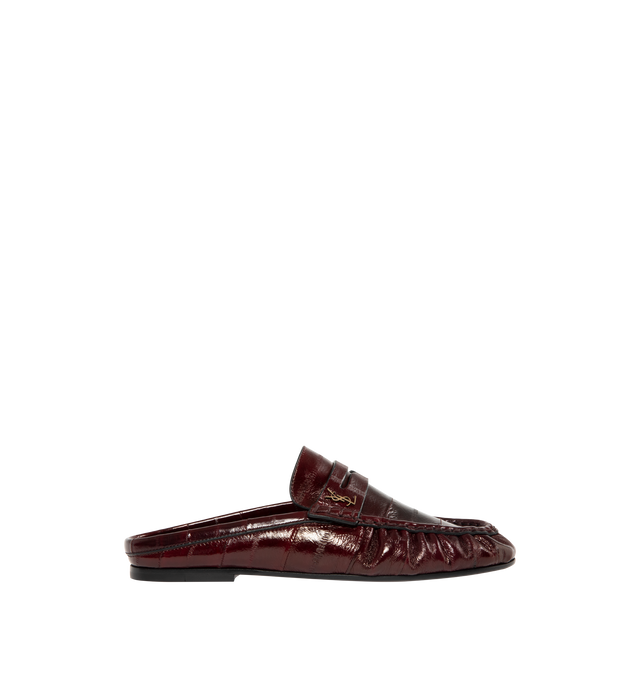 Image 1 of 4 - BROWN - SAINT LAURENT Le Loafer Mules in Eel featuring a classic penny silhouette with gathered edges, hand-stitched moc toe, backless, a YSL logo charm and leather sole. Eel. Made in Italy.