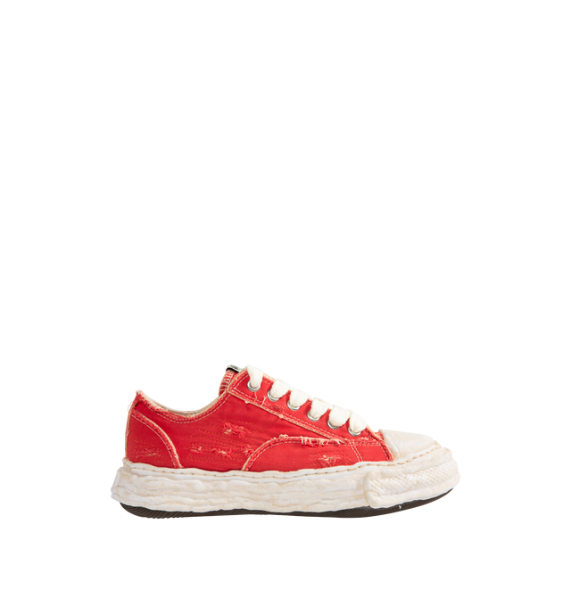 Image 1 of 5 - RED - Maison Mihara Yasuhiro Men's Peterson23 Sneakers feature the brand's signature hand-sculpted OG sole, a ripped overdye canvas upper, and a relaxed low-top silhouette for a bold contemporary look. Designed for the Spring/Summer 2026 collection, these designer sneakers combine Maison Mihara Yasuhiro's experimental aesthetic with a wider fit, layered overdye finish, distressed detailing, and a three-dimensional rubber toe cap that echoes the sculptural sole. Intentional fading and distress