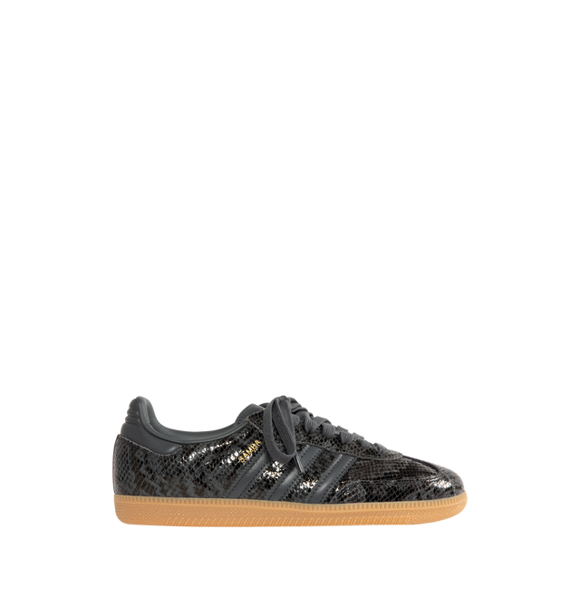 Image 1 of 5 - BLACK - ADIDAS Samba OG Sneaker featuring smooth leather upper with a snakeskin-like print, serrated 3-Stripes, reinforced toe box, regular fit, lace closure, synthetic lining and rubber outsole.