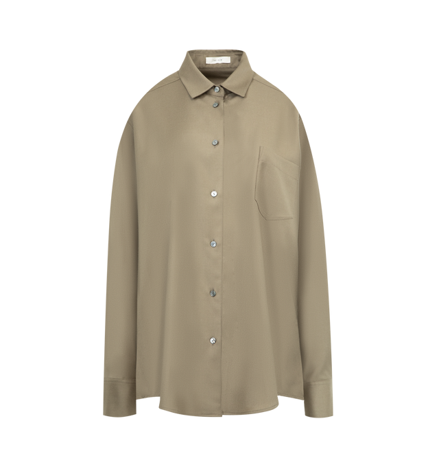 Image 1 of 2 - GREEN - THE ROW Pino Shirt featuring oversized button-up shirt in virgin wool flannel with front patch pocket and exposed front placket with mother-of-pearl buttons. 100% wool. Lined in 100% silk. Made in Italy.