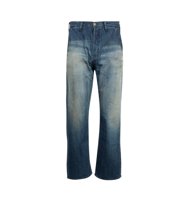 Image 1 of 3 - BLUE - FULLCOUNT Duke Denim 2 H.W featuring 11oz 19th A.M.Co. blue selvedge denim, 4 pockets, button closure and distressed throughout. 100% cotton.
