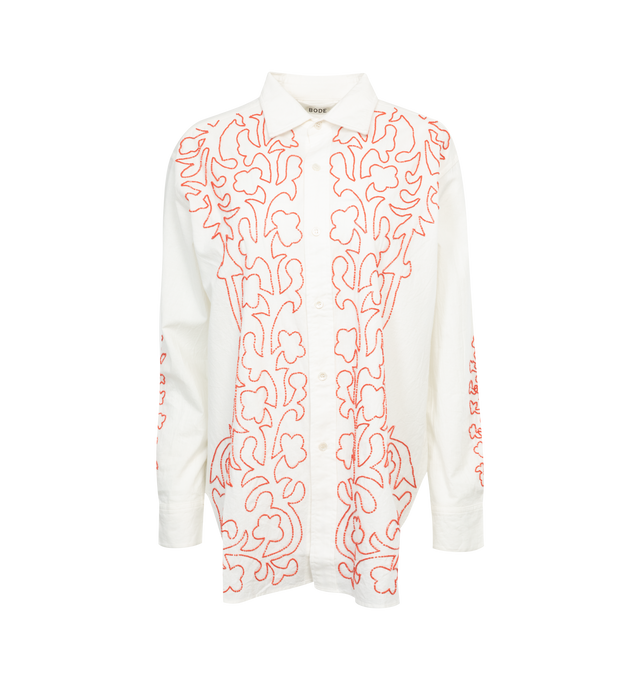 Image 1 of 2 - WHITE - BODE Beaded Crossvine Shirt featuring six front buttons, collar and embroidered red vine pattern. 100% cotton. Made in India. 