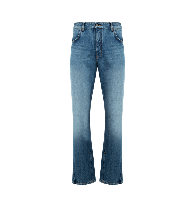 Image 1 of 3 - BLUE - GIVENCHY Straight Couture Seam Jeans featuring waist with loops, zipped and button closure, GIVENCHY engraved button, GIVENCHY leather patch on the back, three front pockets, two back pockets, couture seams and straight fit. 100% cotton. Made in Italy.