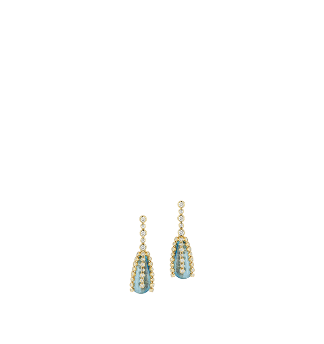 Image 1 of 2 - GOLD - Renna Women's Storm Drop Earrings Large are crafted in 18K yellow gold and feature luminous aquamarine gemstones suspended beneath brilliant-cut diamonds, creating graceful movement and refined elegance. These designer fine jewelry earrings combine exceptional craftsmanship with a sculptural silhouette, making them a striking statement for special occasions or elevated everyday wear. Main Material: 18K Yellow Gold. Gemstones: Aquamarine, Brilliant-Cut Diamonds.For personal consultation