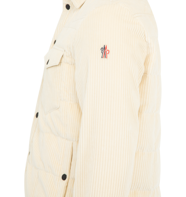Image 3 of 3 - WHITE - MONCLER GRENOBLE Gelt Corduroy Down Shirt Jacket featuring stretch corduroy, micro ripstop lining, down-filled, snap button closure, pockets with snap button closure and adjustable cuffs. 98% cotton, 2% elastane/spandex. Lining: 100% polyester. Padding: 90% down, 10% feather. Made in Romania.