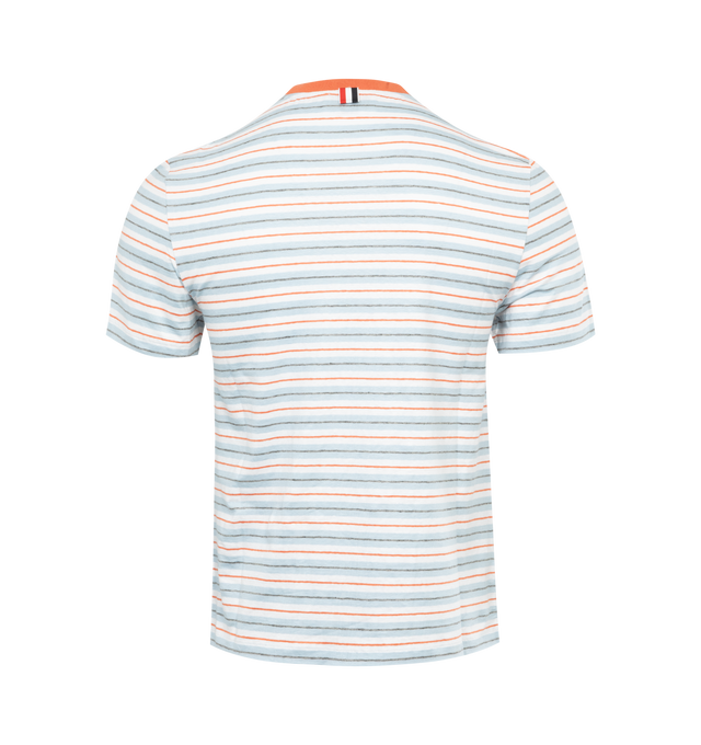 Image 2 of 2 - MULTI - THOM BROWNE Striped T-Shirt featuring rib knit crewneck, patch pocket at chest, textile logo patch at front, concealed tricolor grosgrain trim at tennis-tail hem and tricolor grosgrain flag at back collar. 96% linen, 4% elastane. Trim: 100% cotton. Made in Italy. 