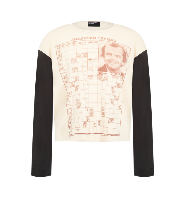 Image 1 of 2 - WHITE - ENFANTS RICHES DEPRIMES Jack Serbian Fantasy LS T-Shirt featuring long-sleeves, medium weight baby rib, classic fit, rib knit neckline and cuffs, single stitch hem at waist, contrast sleeves, printed artwork at front and back and signature vintage wash process. 100% cotton. Made in the USA.