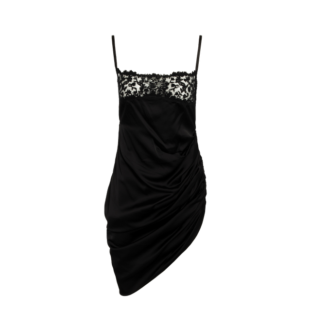 Image 1 of 2 - BLACK - JACQUEMUS La Saudade Brode Dress featuring ruched, asymmetric silhouette, mini dress, zip fastening along side and floral-embroidered tulle at the neckline. 96% viscose, 4% elastane. Lining: 100% polyamide. 