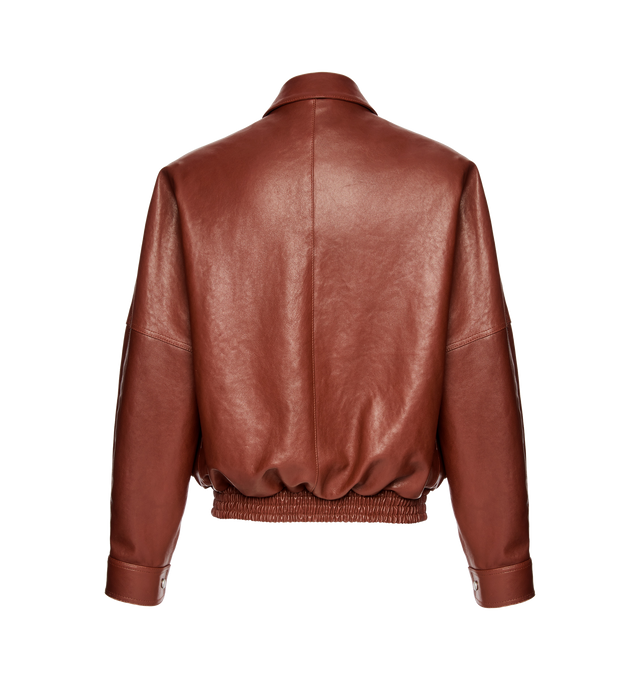 Image 2 of 2 - BROWN - MAGDA BUTRYM Vintage Leather Jacket featuring exaggerated slanted flap pockets, cinched at the hem with an elastic band for a tailored fit, full zip closure, structured collar, and snap-button cuffs. 100% sheep leather. Lining: 100% viscose.