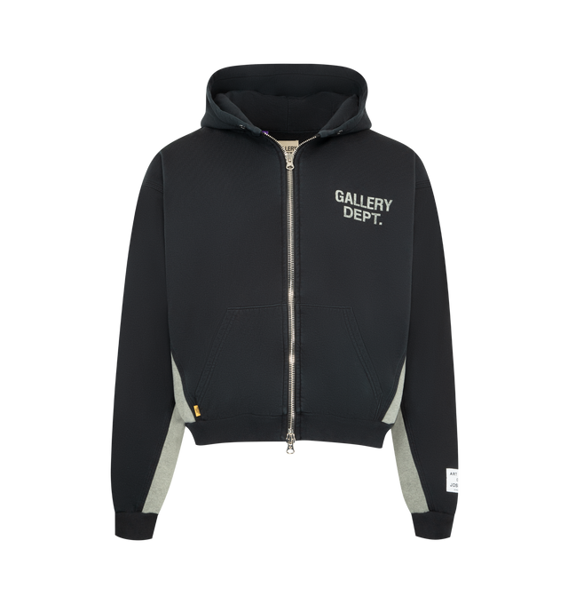 Image 1 of 3 - BLACK - GALLERY DEPT. Contrast-Panel Hooded Cotton-Jersey Sweatshirt featuring exposed zip fastening at front, relaxed fit, hood, metal eyelets, dropped shoulders, long sleeves, ribbed trims, logo print at chest, front pouch pocket, brand patch at cuff and contrast panelling. 100% cotton. Made in USA.
