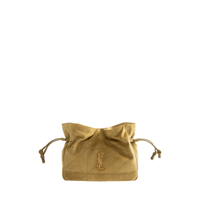 Image 1 of 3 - GREEN - Saint Laurent Women's Jamie Shoulder Pouch is crafted from supple suede calfskin and features the iconic YSL emblem with signature Carr Rive Gauche quilting. Designed in a lightweight, compact silhouette, this versatile bag is finished with a chain shoulder strap for crossbody wear and adjustable drawstring sides that can be cinched or expanded to create multiple shapes. Main Material: Calfskin Suede. Lining: Leather. Hardware: Bronze-Tone Brass. Dimensions: 26 x 18 x 12.5 cm / 10.2 x
